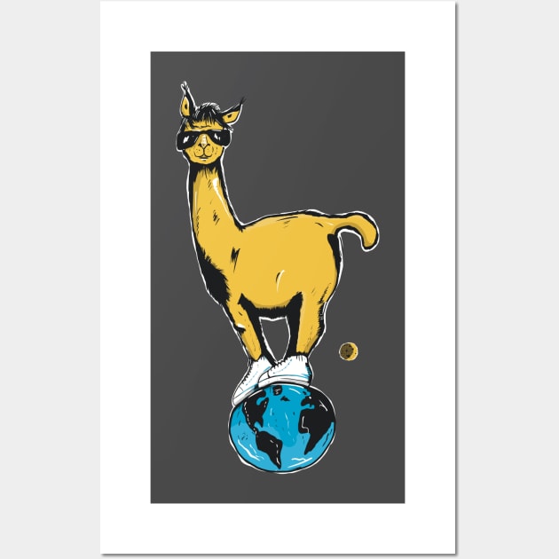 Funny cartoon alpaca standing on the globe. Wall Art by Ekenepeken